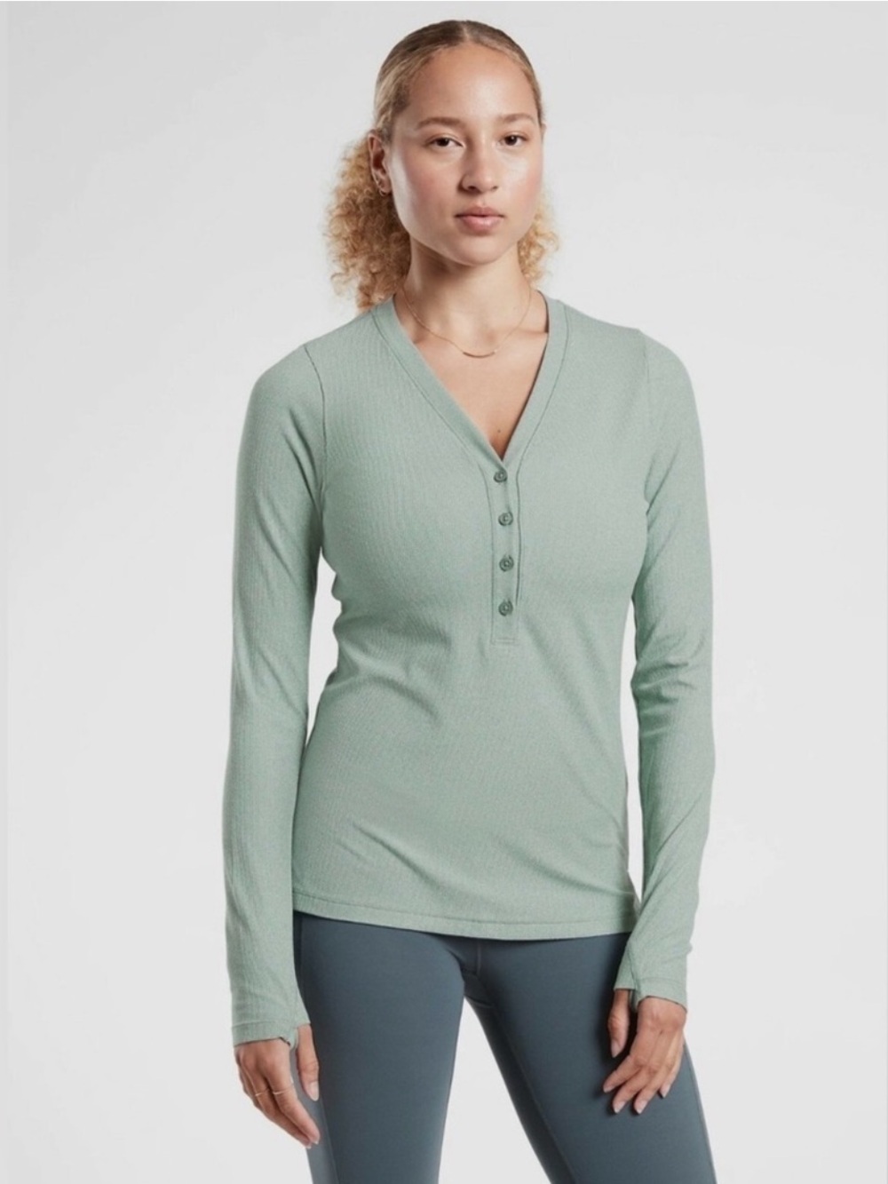 Athleta Uptempo Ribbed Henley Top Womens Small Petite NWT Green Long Sleeve